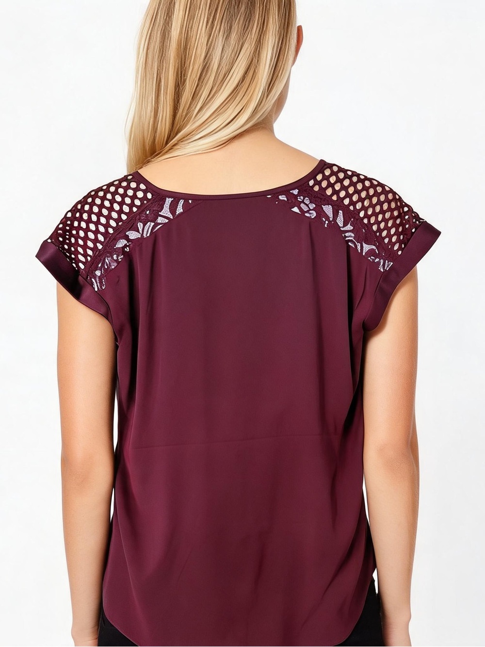 Express Women's V-Neck Burgundy Lace-Trim Top - Picture 3 of 9